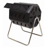Black compost bin with metal stand on a white background