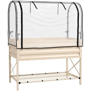Cream Elevated Metal Raised Garden Bed w/ Greenhouse Cover - FREE SHIPPING