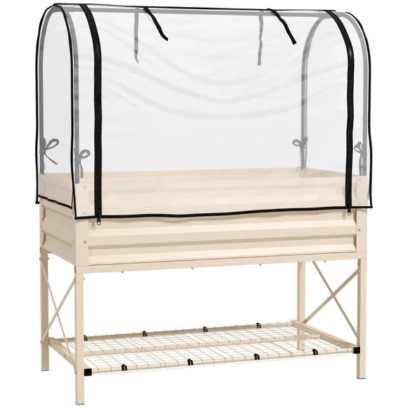 Cream Elevated Metal Raised Garden Bed w/ Greenhouse Cover - FREE SHIPPING