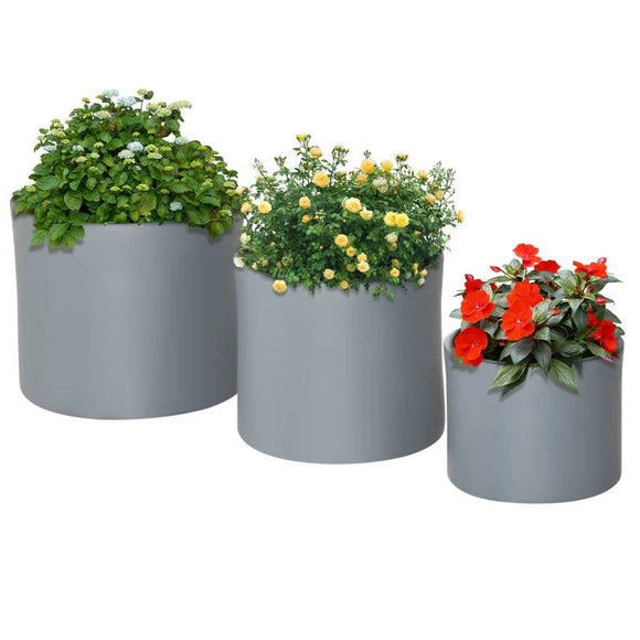 Set of 3 Stackable Round Outdoor Flower Pot Planters with Drainage Holes in Grey - FREE SHIPPING