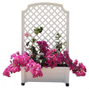 Mobile Planter Box with Trellis in White Plastic with Lockable Wheels - FREE SHIPPING