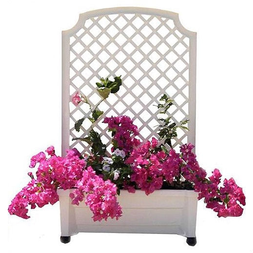 Mobile Planter Box with Trellis in White Plastic with Lockable Wheels - FREE SHIPPING