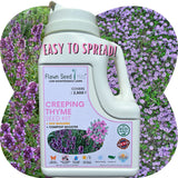 Flawn Seed Kits container with creeping thyme seed kit label on a background of purple flowers