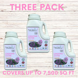 Three bottles of Flawn Seed creeping thyme on a wooden surface with text indicating a three-pack and coverage area.