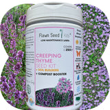 Flawn Seed Kits Creeping Thyme Seed Kit with soil builders and compost booster on a floral background