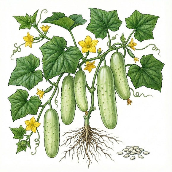 Illustration of a cucumber plant with cucumbers, leaves, and flowers on a white background. CUCUMBER Seeds, National Pickling