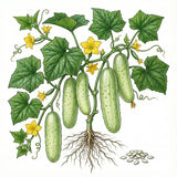 Illustration of a cucumber plant with cucumbers, leaves, and flowers on a white background. CUCUMBER Seeds, National Pickling