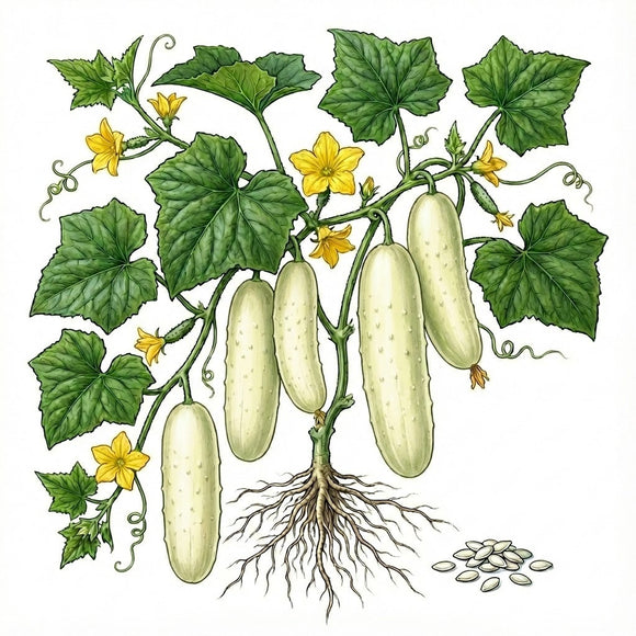 Illustration of a cucumber plant with cucumbers, leaves, and flowers on a white background. CUCUMBER Seeds, White Wonder