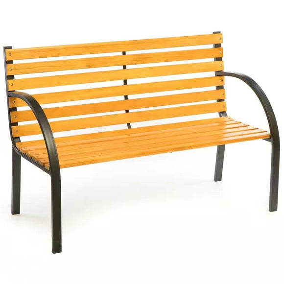 Outdoor Black Metal Frame Garden Bench with Wood Slats and Curved Armrests - FREE SHIPPING