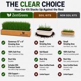A comparison infographic for ZestiGreens soil kits, titled 'THE CLEAR CHOICE'. It compares 'Soil Kits' (a rectangular wooden planter with green grass) against 'Non Soil Kits' (a white rectangular planter with soil and grass).