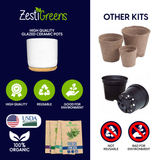 A promotional collage for Zesti Greens products. The left side features a white glazed ceramic pot with a light wood base, accompanied by green icons for high quality, reusable, and good for environment, a USDA logo, and three seed starter packets.