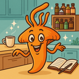 Cartoon character in a kitchen with a book and cup