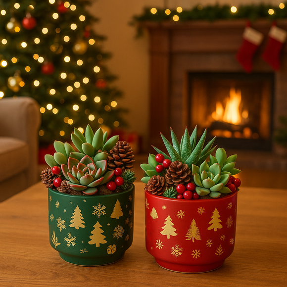 Two potted succulents with decorative pots on a table in front of a Christmas tree and fireplace. Christmas Ceramic Planter – Single Piece (Red or Green) – Festive Holiday Tree Design