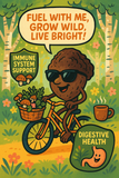 Illustration of a character riding a bike with health-related text and graphics in a forest setting.
