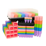 Stack of colorful plastic containers with a clear lid on a white background