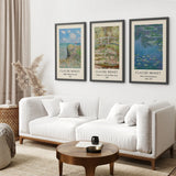 Living room with a white sofa, wooden coffee table, and three framed Claude Monet artworks on the wall.