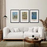 Living room with a white sofa, wooden coffee table, and 3 Piece Claude Monet Wall Art Set. Water Lilies Prints on the wall.