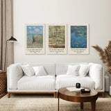 Living room with a white sofa, wooden coffee table, and 3 Piece Claude Monet Wall Art Set. Water Lilies Prints on the wall.
