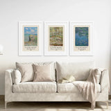 Beige sofa with a blanket and pillows, featuring t3 Piece Claude Monet Wall Art Set. Water Lilies Prints above it on a white wall.