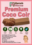 Advertisement for Meme's Worms Premium Coco Coir with product image and certification icons on a pink background.
