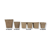 Set of five biodegradable pots with labels indicating their sizes on a white background. CowPots® #3 6-cell