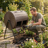 Man tending to a garden with a compost bin in a lush, green outdoor setting.