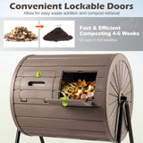 Composting bin with lockable doors and text about composting efficiency.