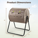 A composting bin with two green material slots and a black metal stand, shown with overlaid dimension labels and the heading 'Product Dimensions' on a pale sky background.