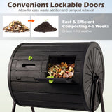 Black compost bin with lockable doors and text about composting efficiency.