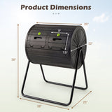 Black cylindrical compost bin with dimensions labeled on a light blue background