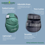 Garden Guru product with adjustable straps, padded comfort, thick cushion, and versatility on a blue background.