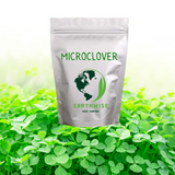 Silver package labeled 'Microclover' by 'Earthwise Seed Company' on a background of green plants. 