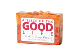 Bar of soap with 'A Slice of the Good Life' text on a white background