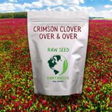 Seed packet labeled 'Crimson Clover Over & Over' by Earthwise Seed Company with a field of red flowers in the background.