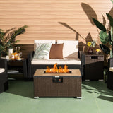 Outdoor patio setting with wicker furniture and a fire pit table.