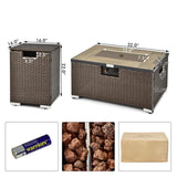 Outdoor fire pit table with dimensions, fire starter, and lava rocks on a white background