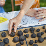 Person sorting Seed Ball Kits on a table outdoors