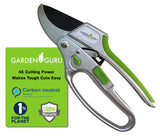 Garden shears with green handles and 'Garden Guru' branding on a white background