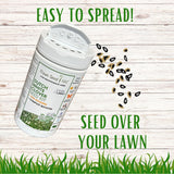 Flawn Seed Kit container with text 'Easy to spread! Seed over your lawn' on a wooden background.