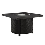 Black outdoor fire pit table with wicker base on a white background
