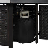 Black barbecue cover inside a grill with open doors on a white background