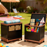 Two outdoor storage boxes with toys and beach items on a patio