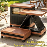 A foldable outdoor storage cart or cooler in a warm brown and black color scheme, shown in an open, multi-level configuration on a patio. The product features a brown slatted top, a black ribbed body, and wheels, with text overlay at the bottom right.