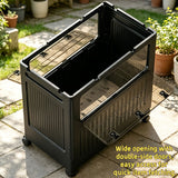 Black storage crate with wide opening and double-sided doors on a patio