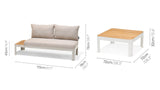 Outdoor furniture set with a sofa and table, including dimensions on a white background