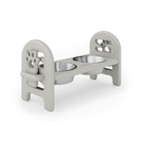 Gray elevated pet feeder with two bowls on a white background