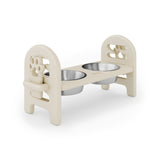 Pet feeding station with two elevated stainless steel bowls on a white background