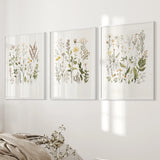 Three framed botanical prints on a wall with a bed and blanket in the foreground.
