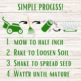 Step-by-step lawn care process on a wooden background with icons and text.