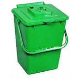 Green plastic compost bin with a lid on a white background